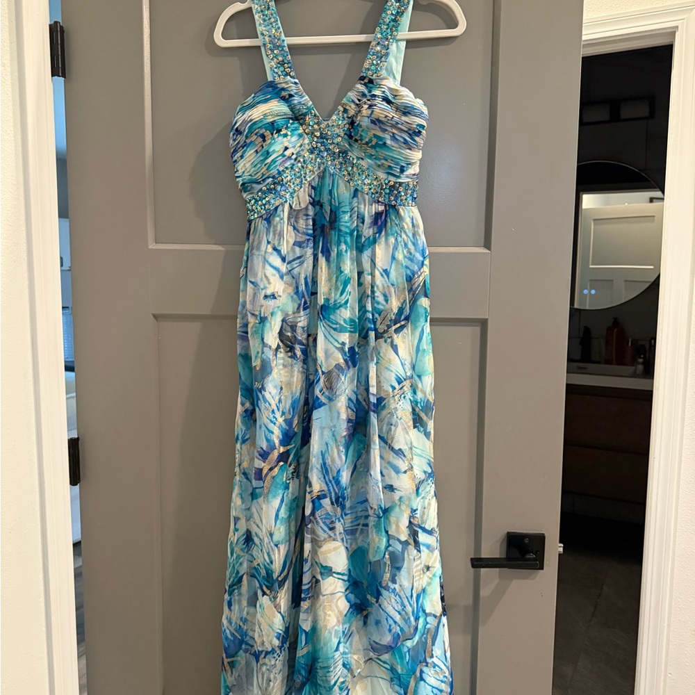 Cache Aqua and Gold Beaded Vintage Formal Dress